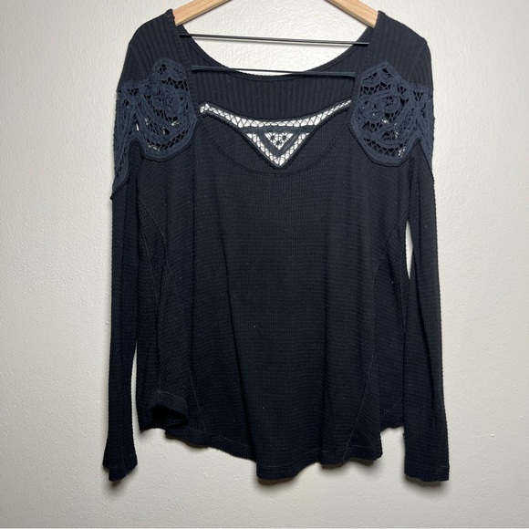 Free People Women Top Small Black Witchy Goth Lace Cutout Long Sleeve Waffle - Picture 5 of 6